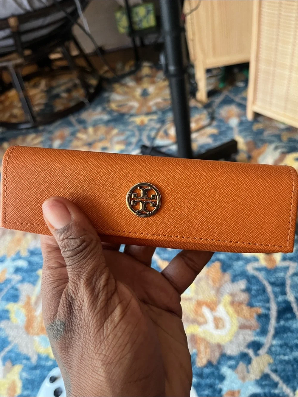 Tory Burch Orange Saffiano Logo Eyeglass Case with Tortoiseshell Glasses